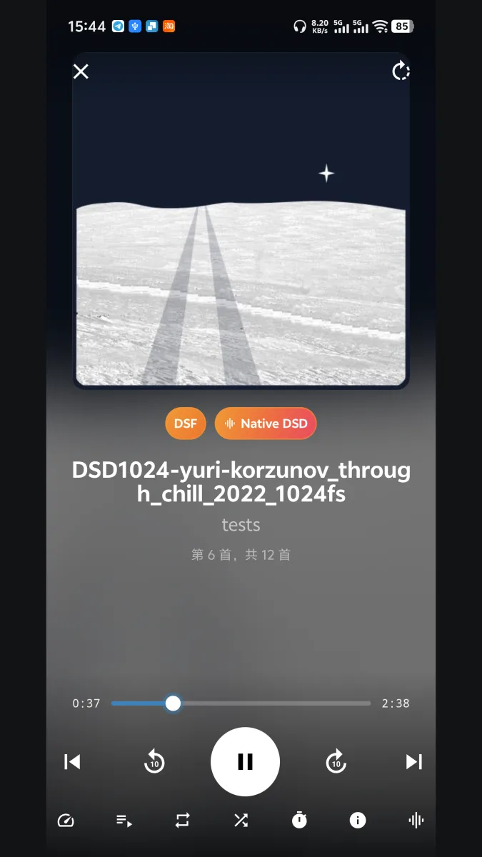 正在播放界面显示一首曲目，右上角带有 DSF 与「原生 DSD」两个角标。