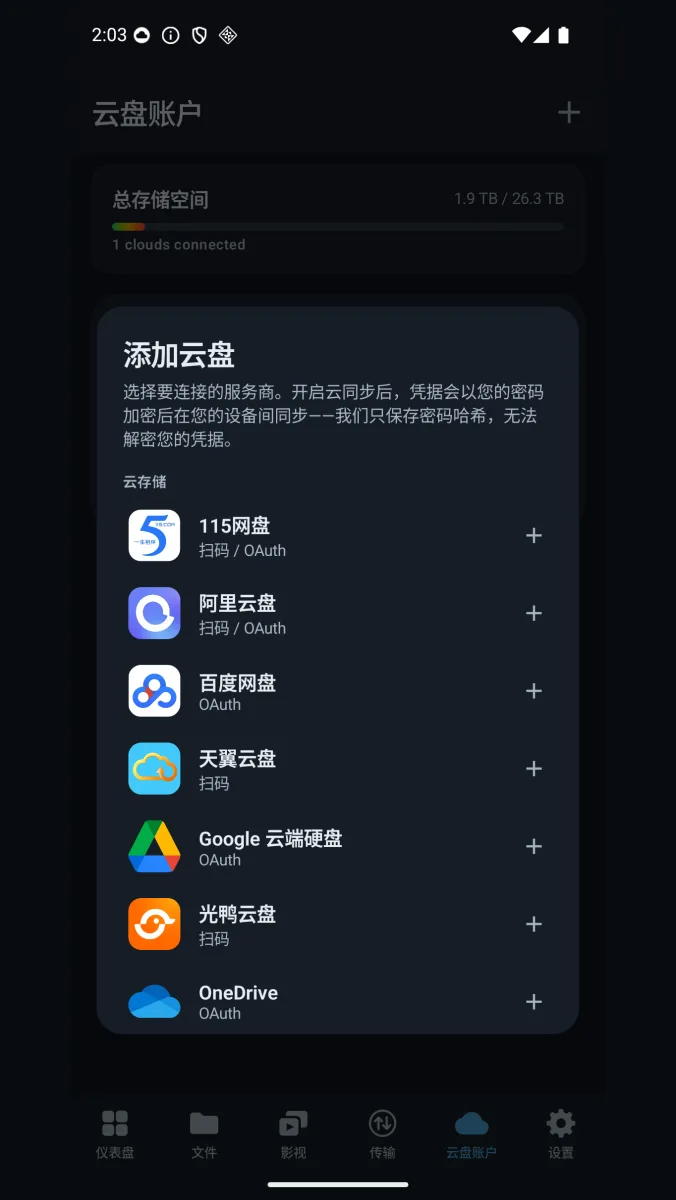 「添加云盘」面板：115网盘（扫码 / OAuth）、阿里云盘、百度网盘、天翼云盘、Google 云端硬盘（OAuth）、光鸭云盘、OneDrive（OAuth），页面上标注「我们只保存密码哈希，无法解密您的凭据」。