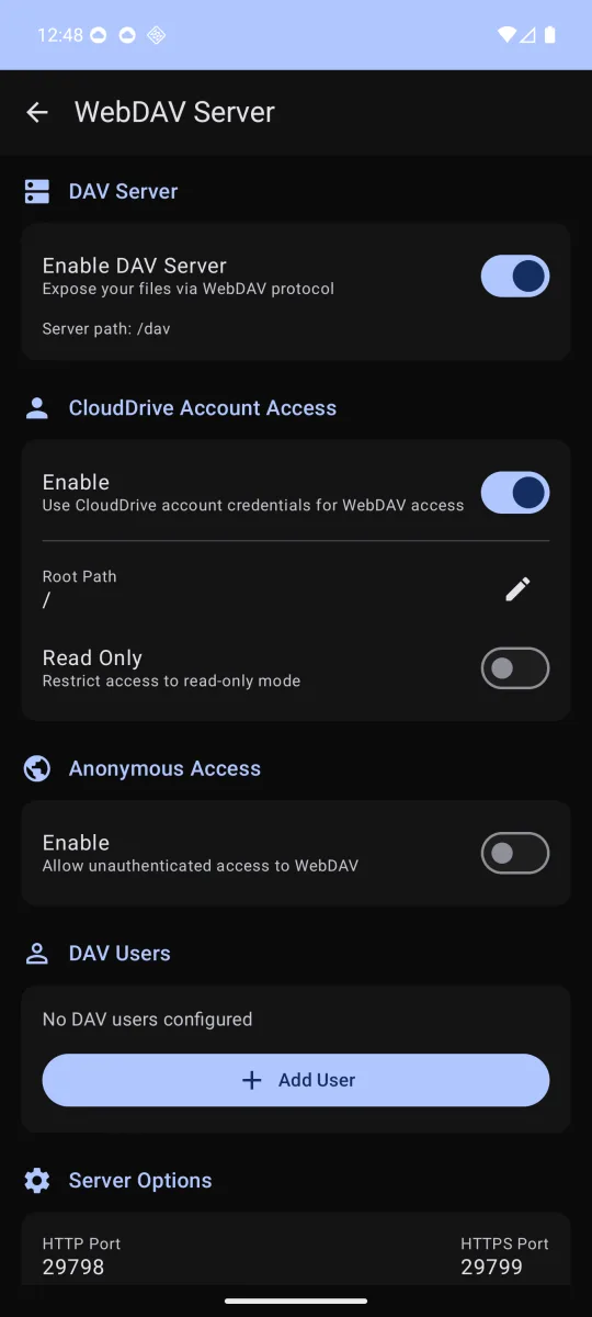 The WebDAV Server settings page: the DAV server switched on with its service path at /dav, then CloudDrive account access, root path, a read-only switch, anonymous access, DAV users and the HTTP and HTTPS ports.
