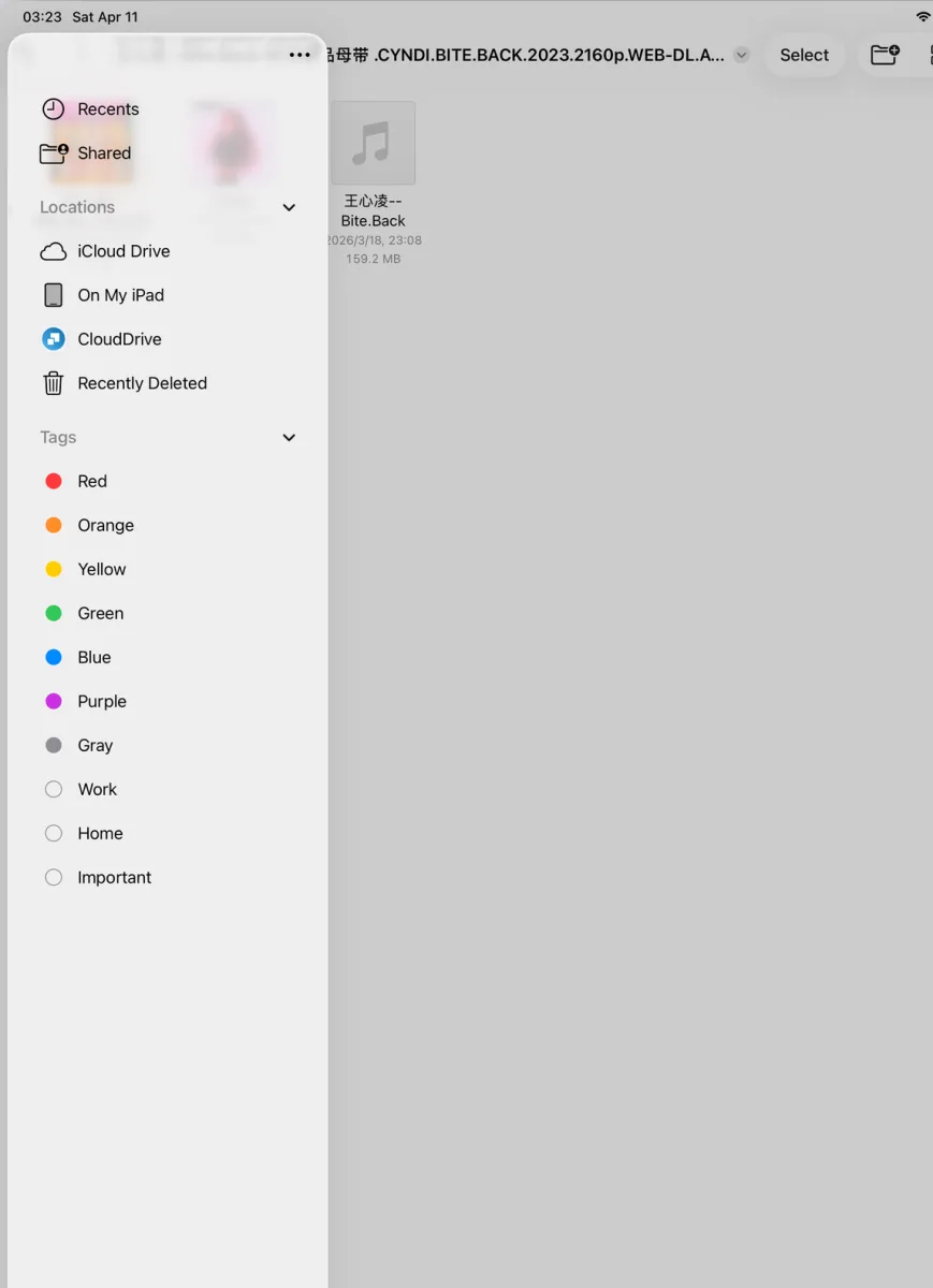 iPadOS 的「文件」应用里，CloudDrive 与 iCloud 云盘、我的 iPad 并列出现在「位置」下，正在浏览云端文件夹。