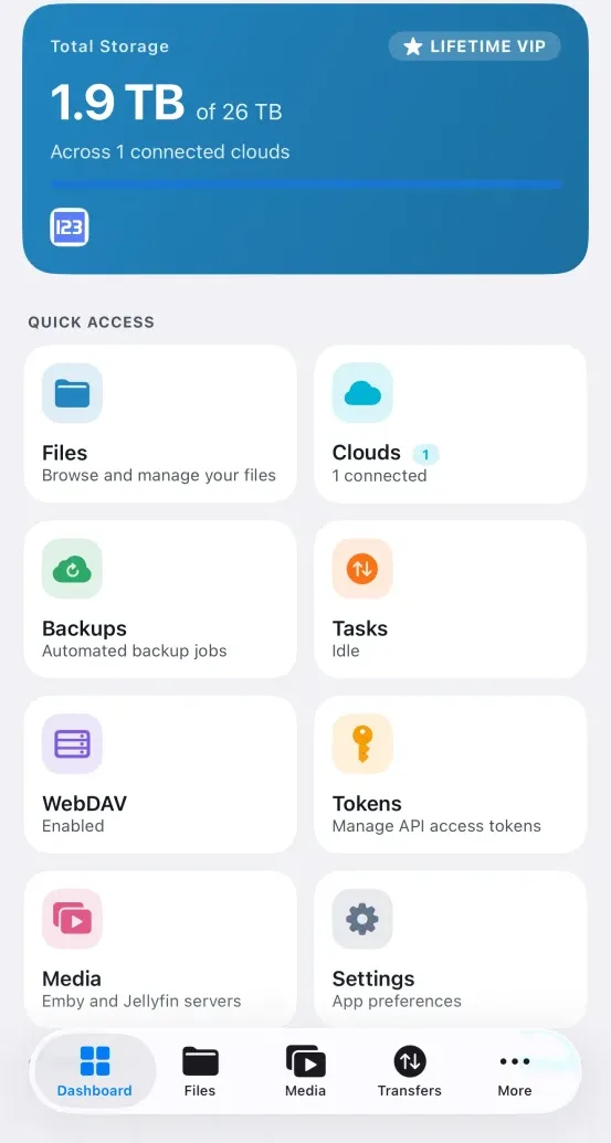 iPhone 上的 CloudDrive2 仪表盘：容量卡片，以及文件、云存储、备份、任务、WebDAV、令牌、影视、设置八个快捷入口。