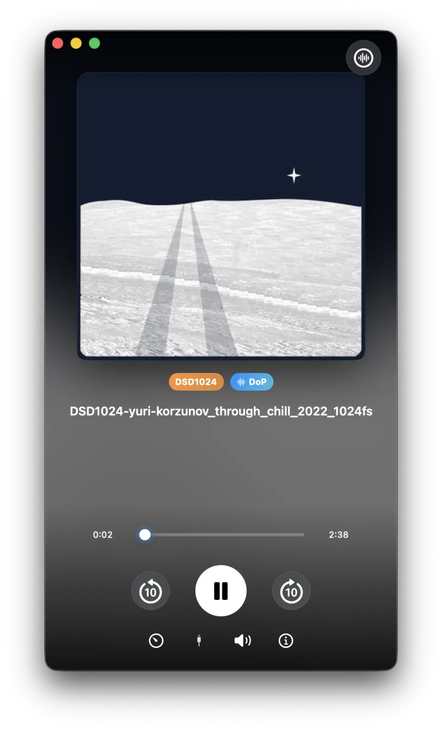 音频播放器正在播放一首 DSD1024 曲目，封面下方并排标着 DSD1024 与 DoP 两个标记。