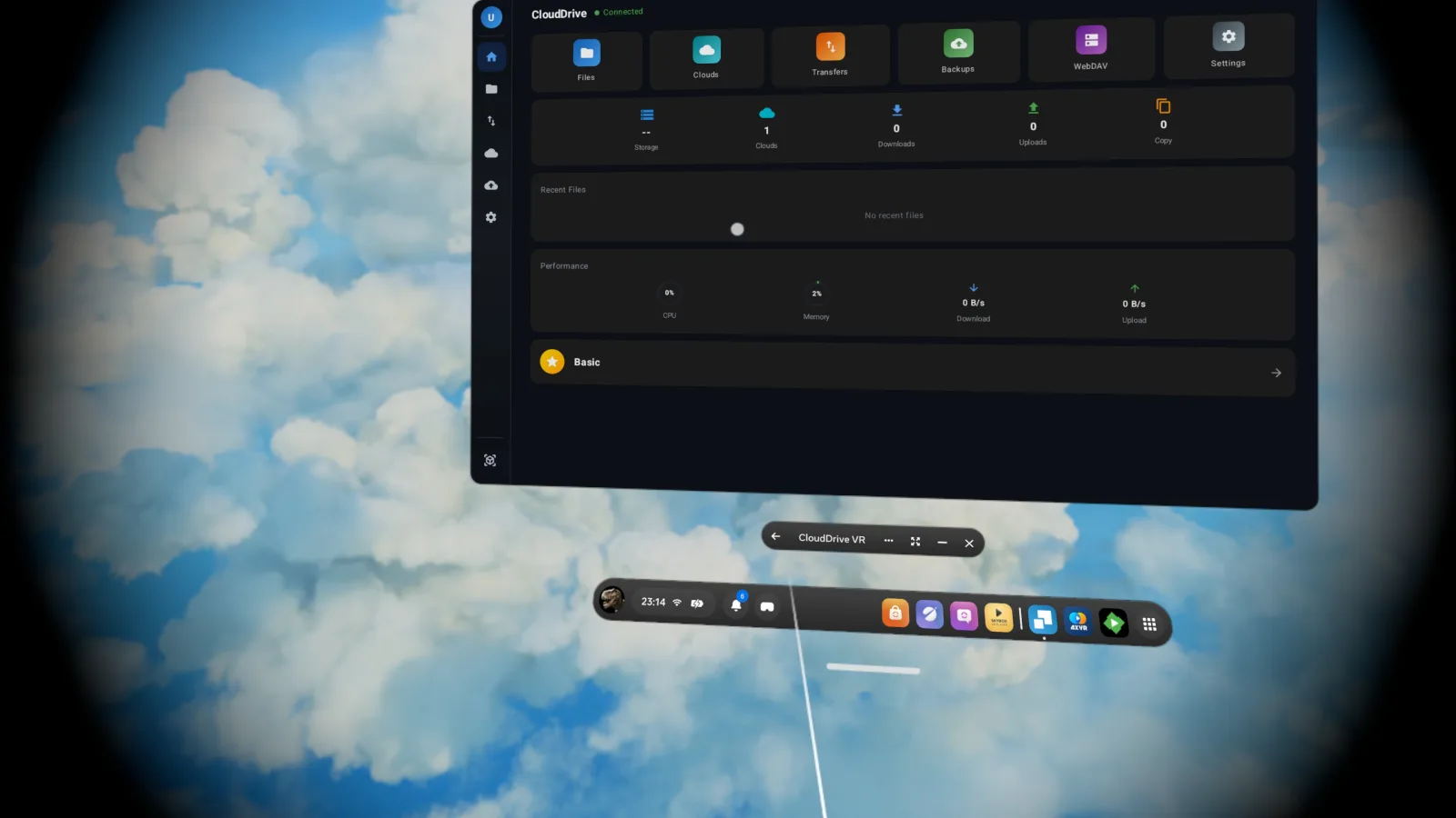悬浮在蓝天 VR 场景中的 CloudDrive VR 仪表盘面板：文件、云存储、传输、备份、WebDAV、设置六个方块入口，下方是一排性能状态数据，画面四周带圆形暗角。
