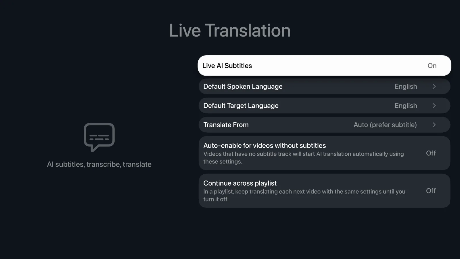 Apple TV 上的「实时翻译」设置：AI 实时字幕开关已开启，翻译源设为「自动（优先字幕）」。