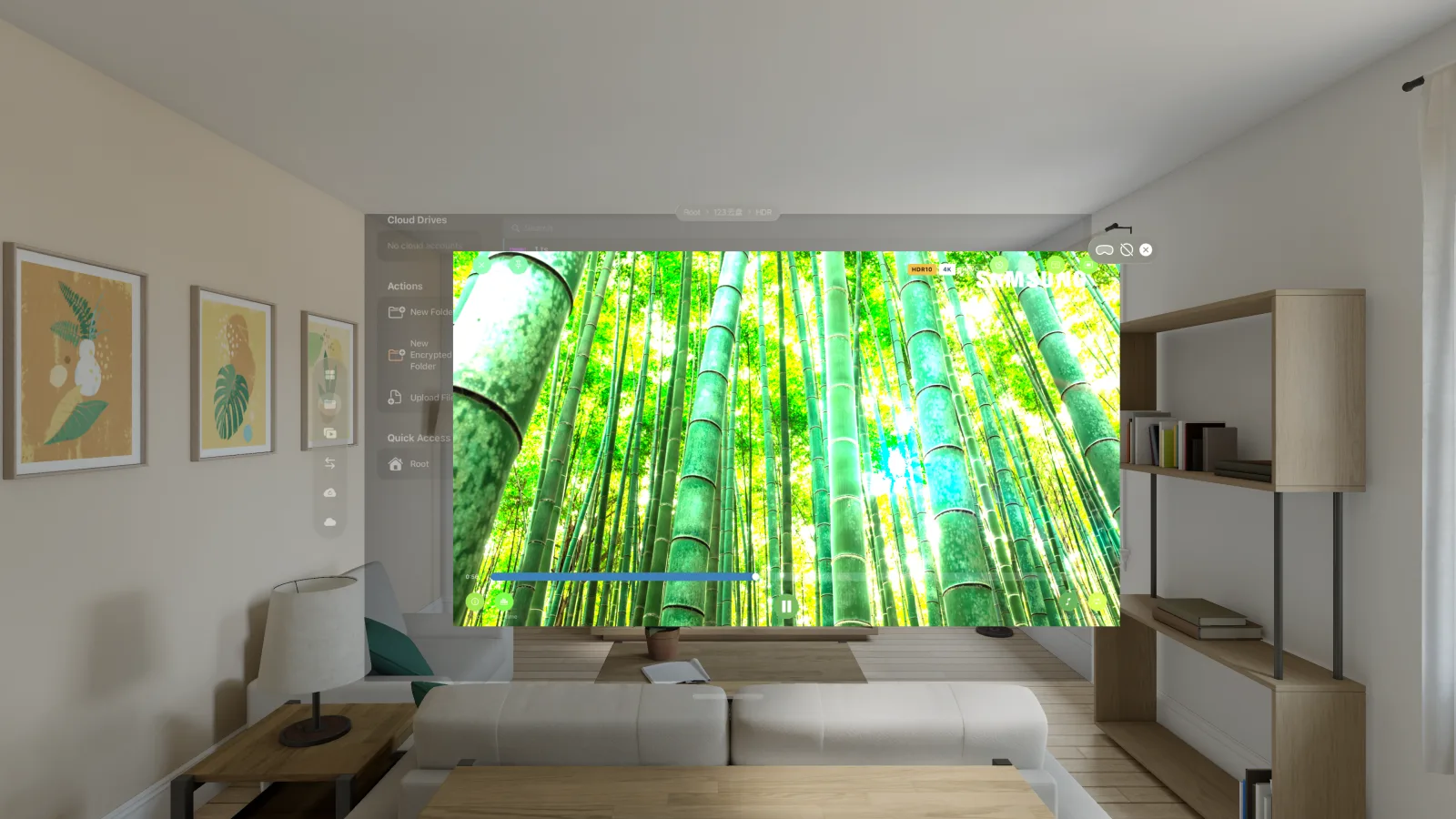 巨幅虚拟屏幕上正在播放 4K 竹林画面，画面上方显示 HDR10 与 4K 角标。