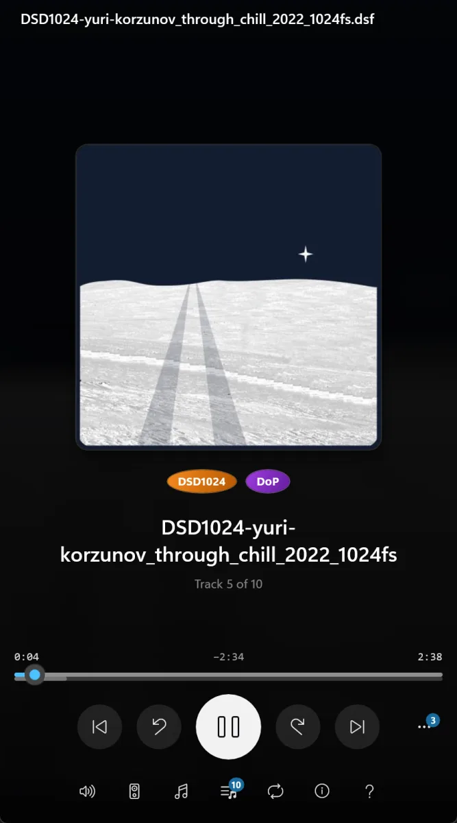 音频播放界面：专辑封面下方标注 DSD1024 与 DoP，显示当前曲目与播放进度。